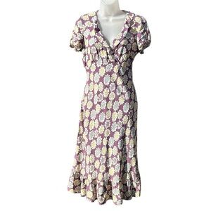 BODEN Women Sz 10 Purple Floral Ruffle Cap Sleeve Lightweight Retro Midi Dress.